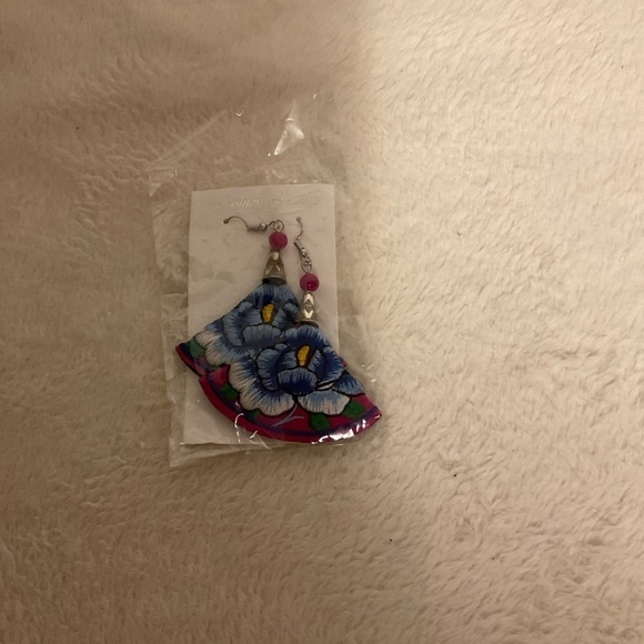 None Jewelry - Vibrant Floral Earrings with Blue and Pink Accents